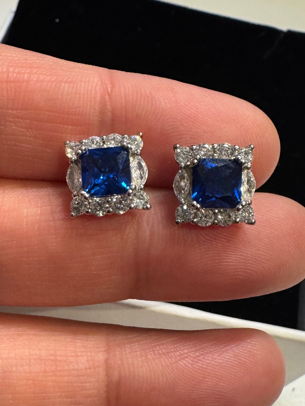 Blue Sapphire 925 Sterling silver Square Halo Stud Earrings - Women's Jewelry